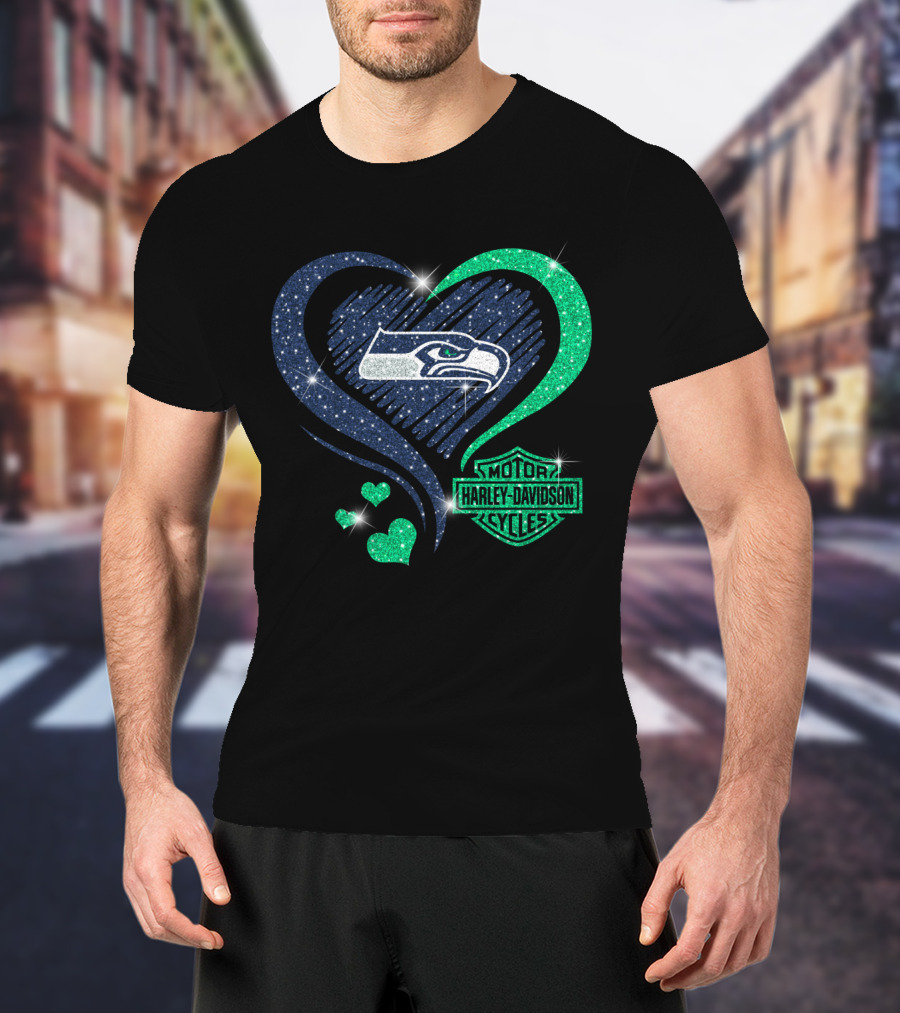 Harley Davidson Motorcycles Heart With Seattle Seahawks T-Shirt
