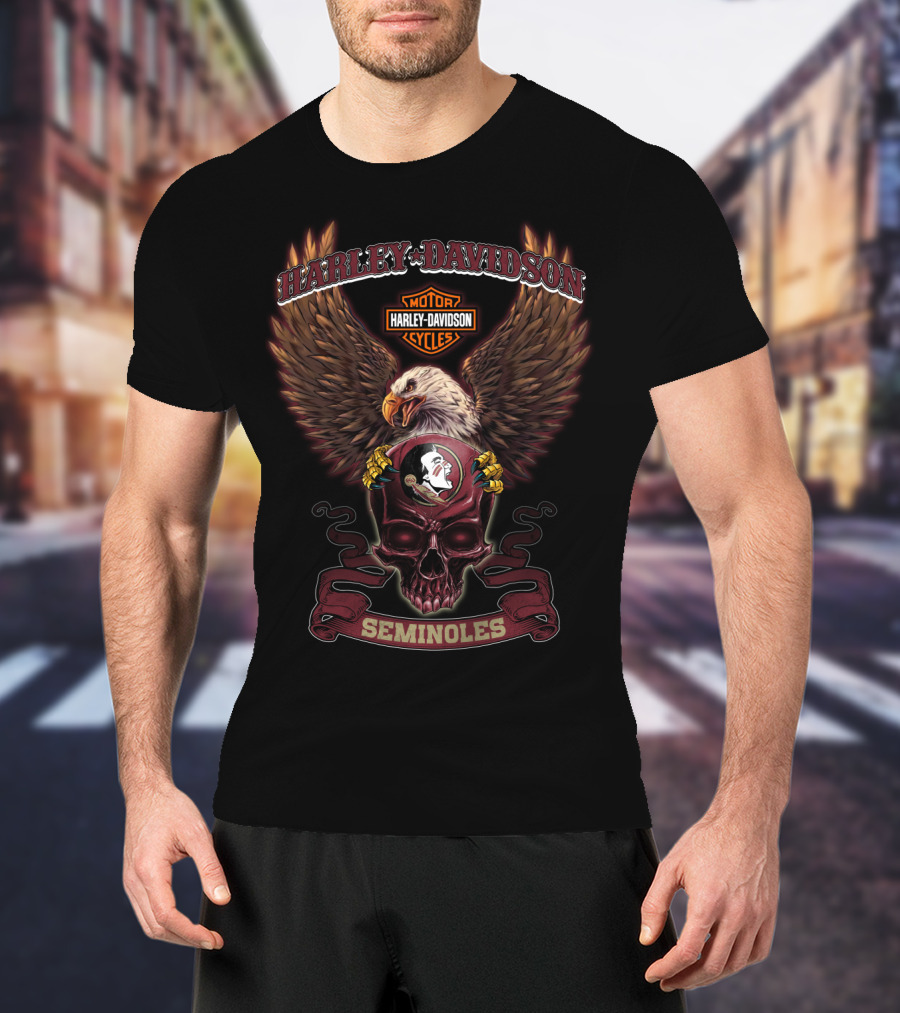 Harley Davidson Motor Cycles Eagle Skull Florida State Seminoles T-Shirt