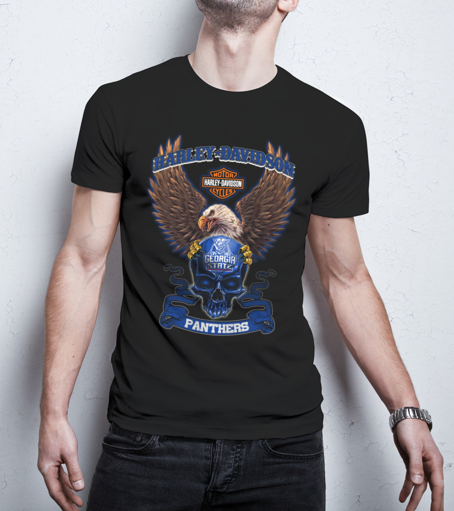 Harley Davidson Motor Cycles Georgia State Panthers Eagle And Skull T-Shirt