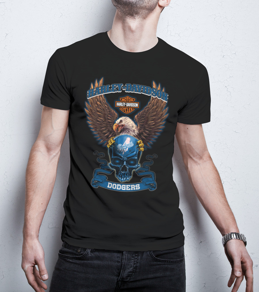 Harley Davidson Motor Cycles Dodgers Eagle Skull T-Shirt