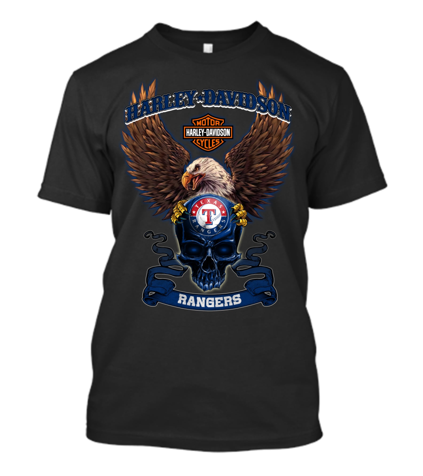 Harley Davidson Motor Cycles Texas Rangers Eagle Skull Rangers T-Shirt