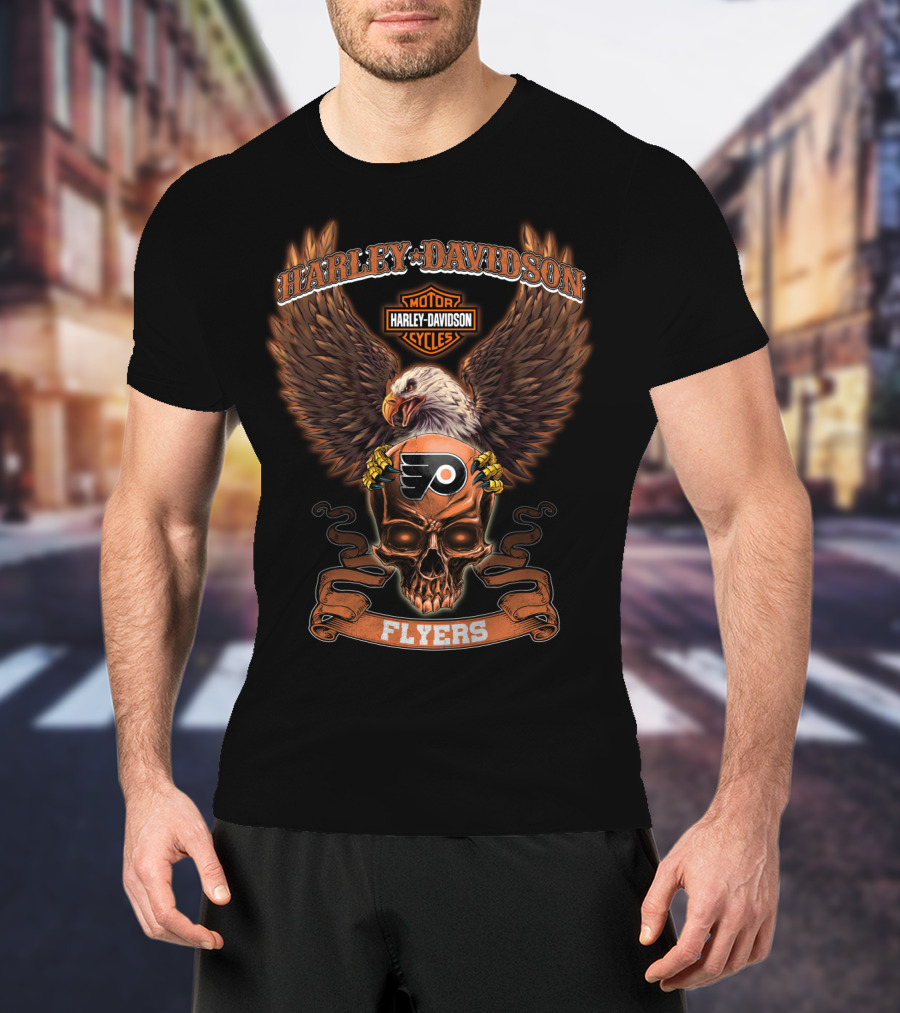 Harley Davidson Motor Cycles Flyers Philadelphia Eagles Skull T-Shirt