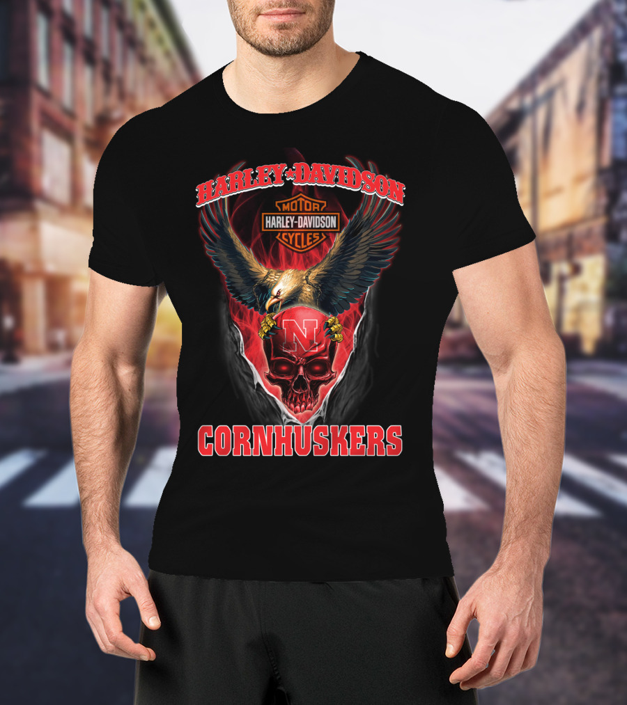 Harley Davidson Cornhuskers Eagle Skull N Motorcycle Cycles T-Shirt
