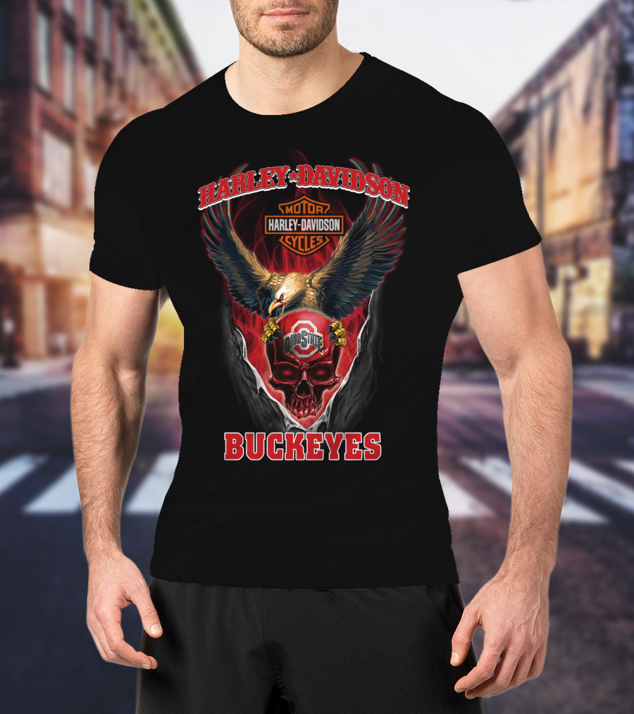 Harley Davidson Motor Cycles Eagle Ohio State Skull Buckeyes T-Shirt