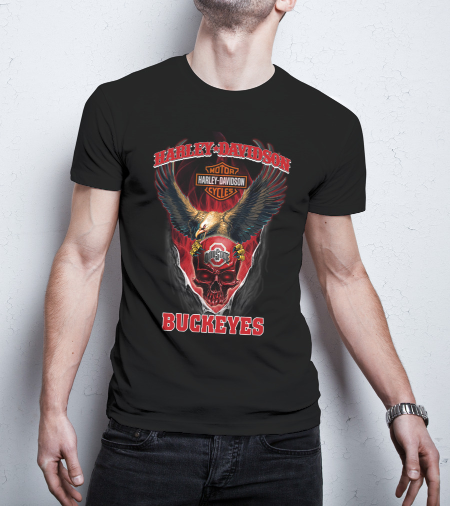 Harley Davidson Motor Cycles Eagle Ohio State Skull Buckeyes T-Shirt
