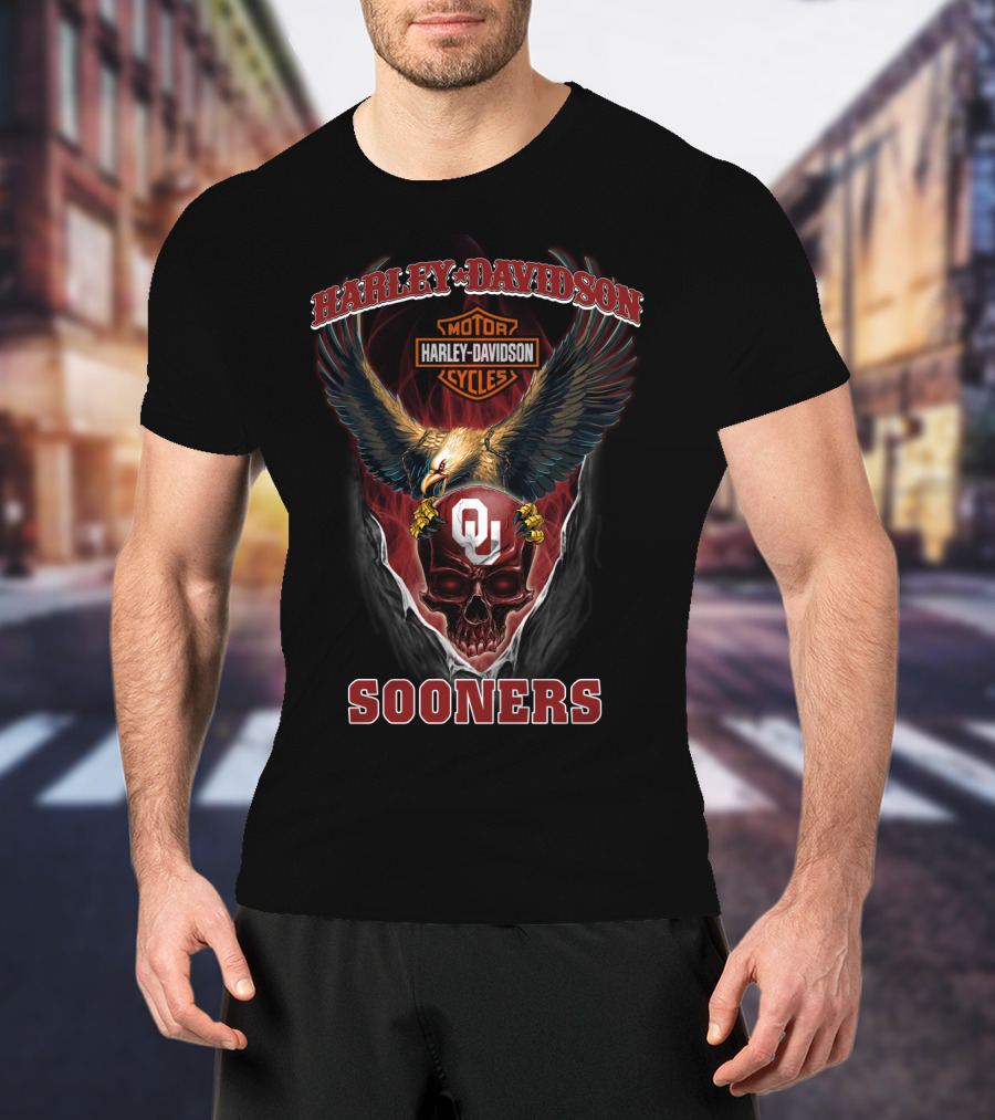 Harley Davidson Motor Cycles Sooners Ou Eagle Skull T-Shirt