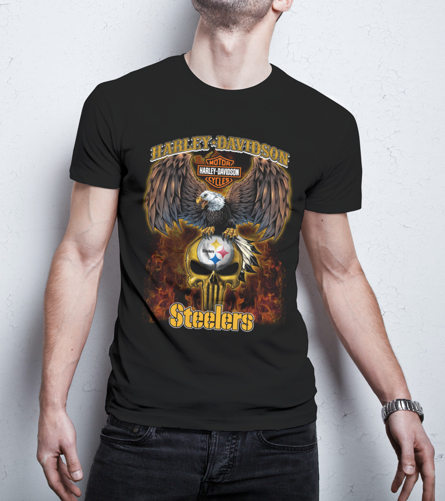 Harley Davidson Motor Cycles Steelers Eagle Skull Flames T-Shirt