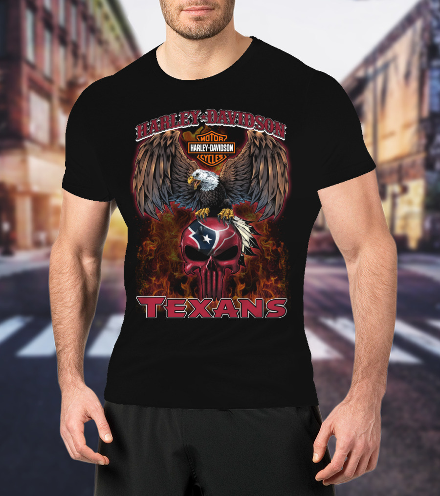 Harley Davidson Motorcycles Texans Eagle Skull Texas Flag T-Shirt