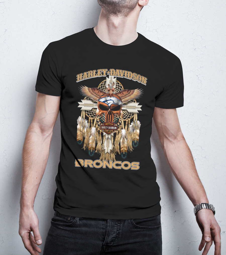 Harley Davidson Denver Broncos Feather And Skull T-Shirt