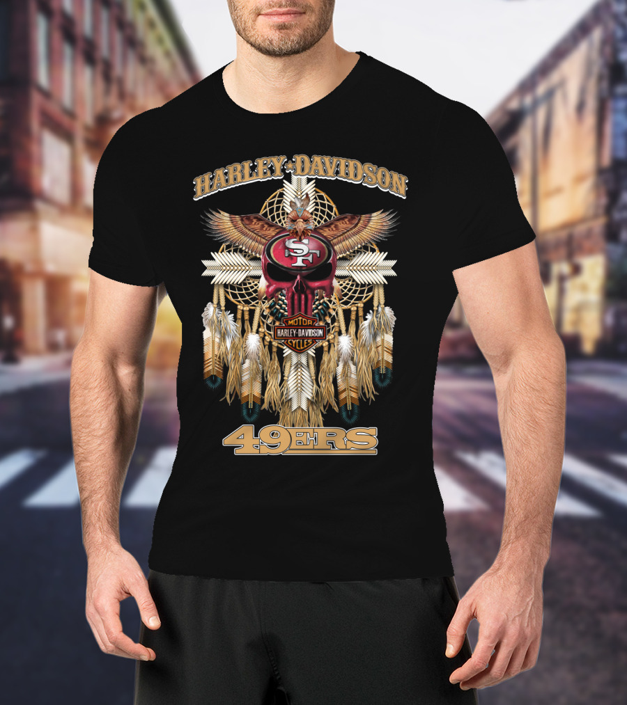 Harley Davidson San Francisco 49ers Dreamcatcher Skull Feather Art T-Shirt