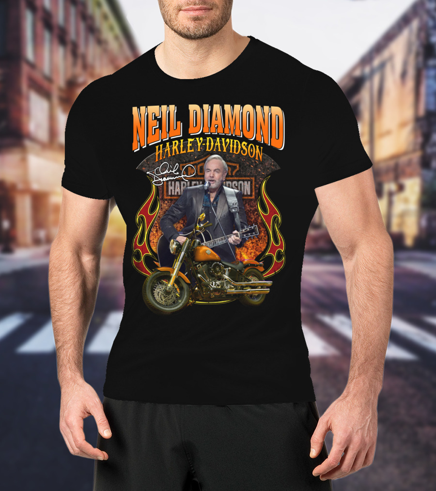 Neil Diamond Harley Davidson Motorcycle Flames Signature T-Shirt