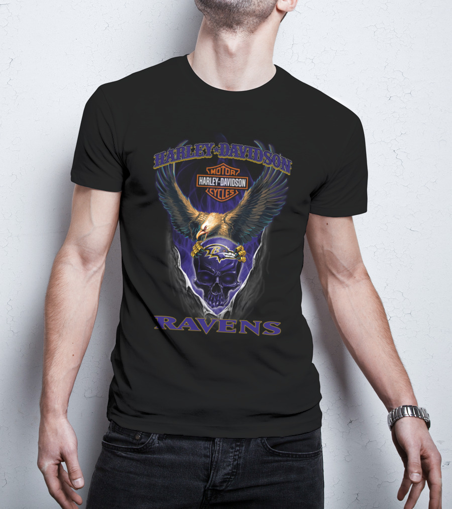 Harley Davidson Ravens Eagle Skull Baltimore Ravens T-Shirt