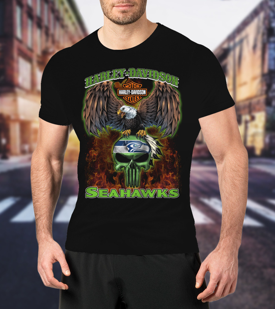 Harley Davidson Seahawks Motorcycles Eagle Skull T-Shirt
