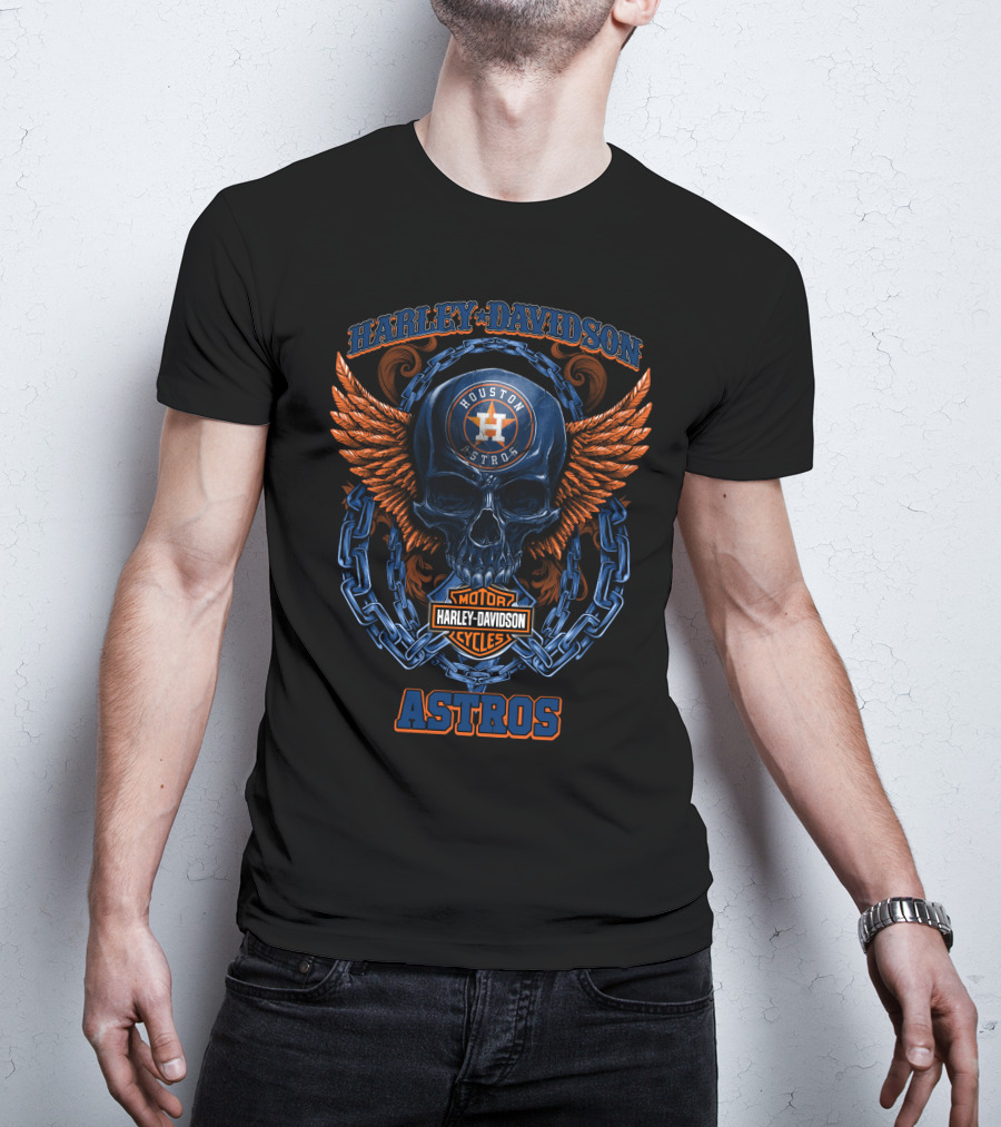 Harley Davidson Houston Astros Skull Wings Motor Cycles T-Shirt