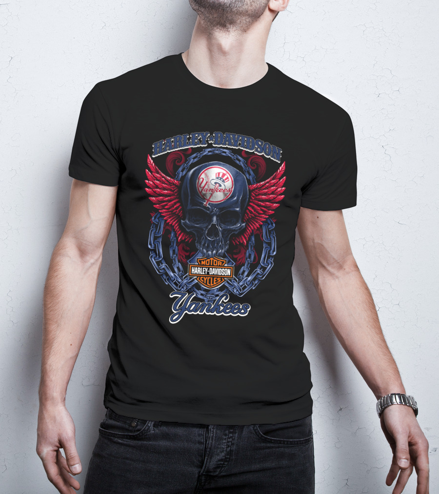 Harley Davidson Yankees Skull With Wings And Chains T-Shirt