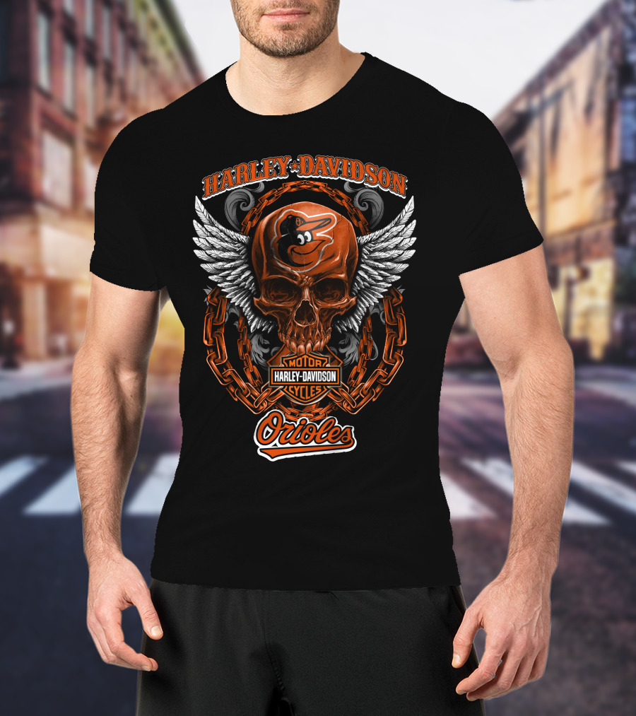 Harley Davidson Wings Skull With Baltimore Orioles Logo And Chain Elements T-Shirt