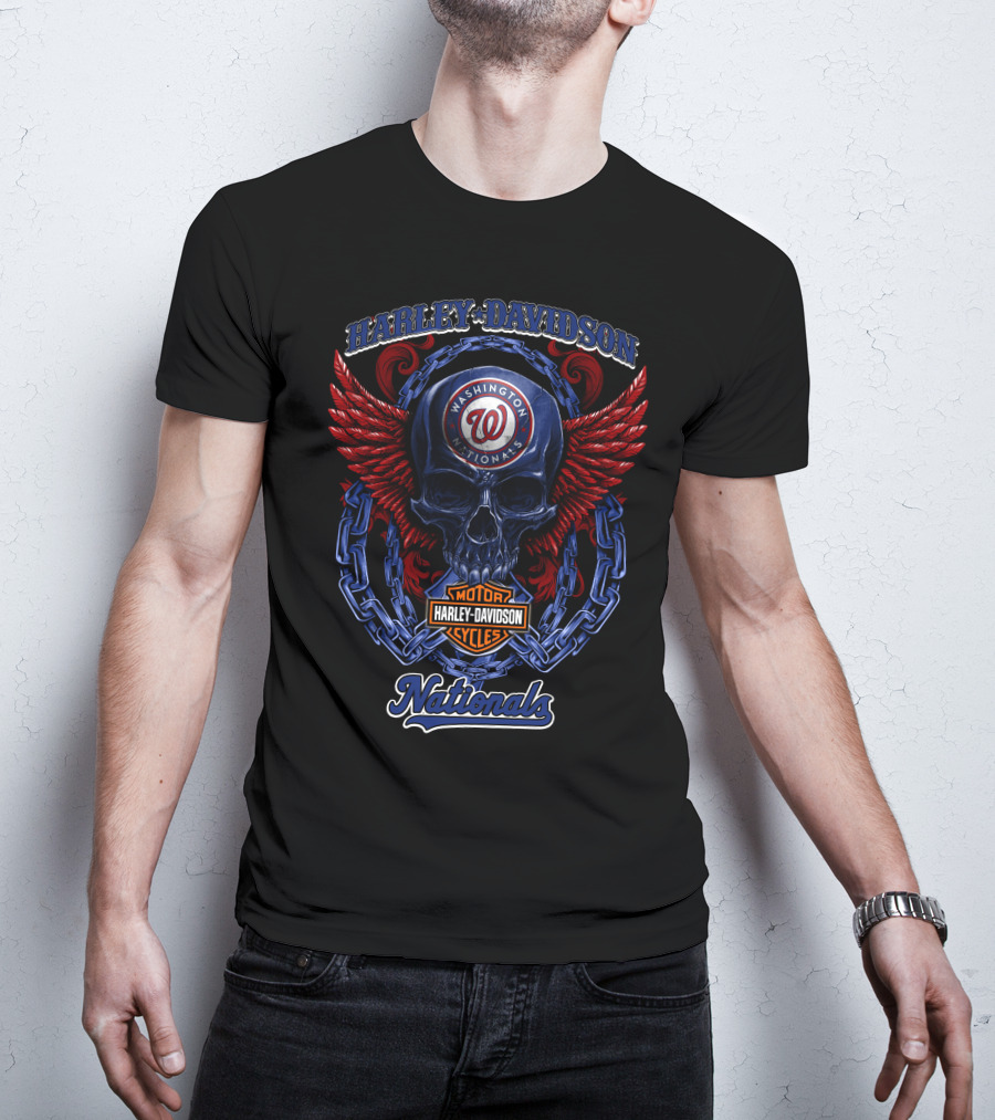 Harley Davidson Washington Nationals Motor Cycles Skull Wings T-Shirt