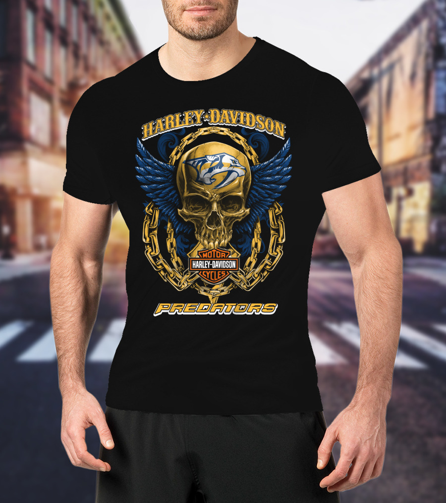 Harley Davidson Motor Cycles Nashville Predators Skull And Chains T-Shirt