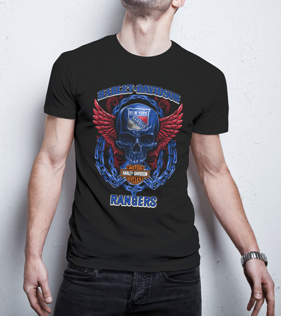 Harley Davidson New York Rangers Skull With Wings And Chain T-Shirt