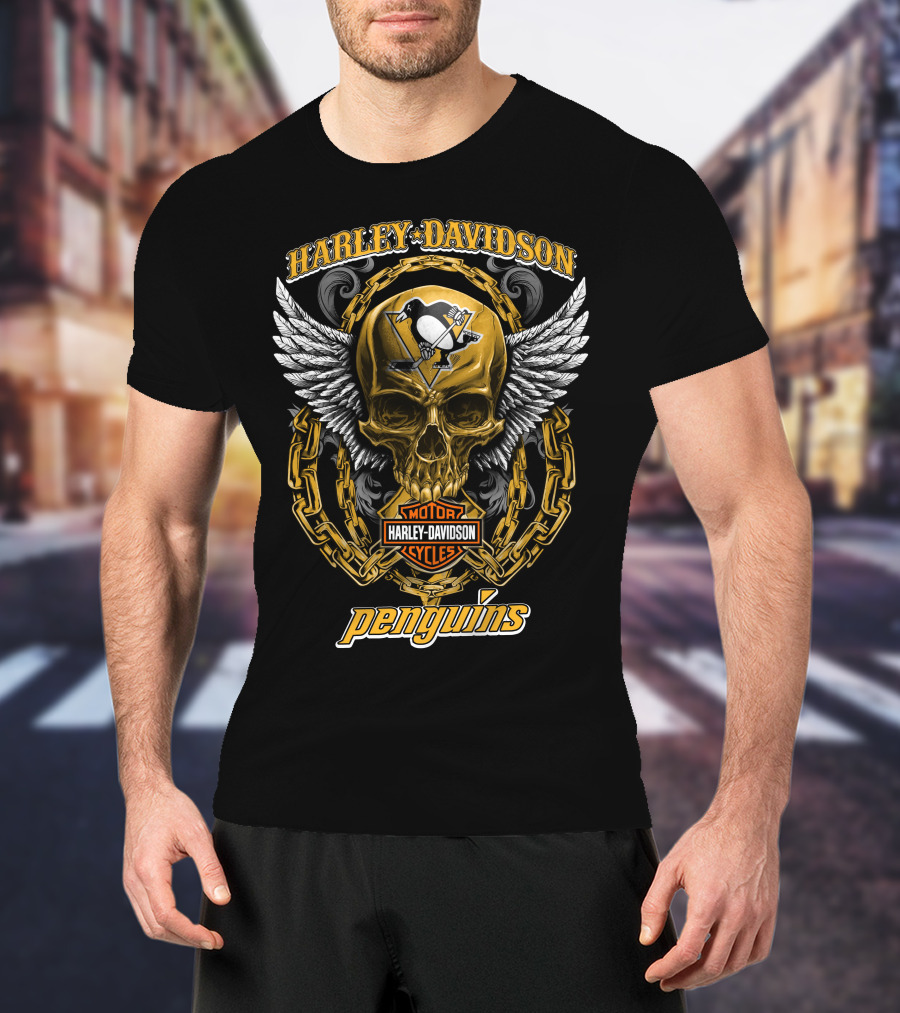 Harley Davidson Pittsburgh Penguins Nhl Skull Wings Chain T-Shirt