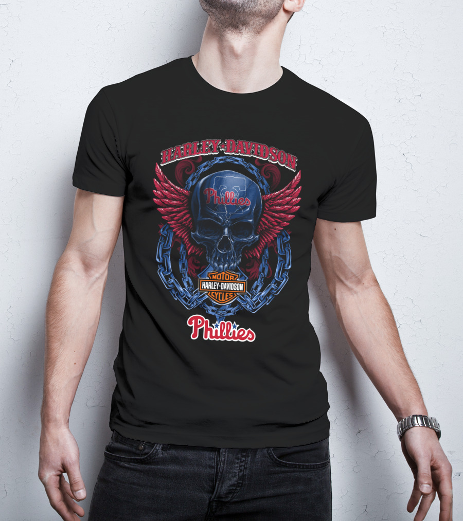 Harley Davidson Phillies Skull Wings Motor Cycles T-Shirt