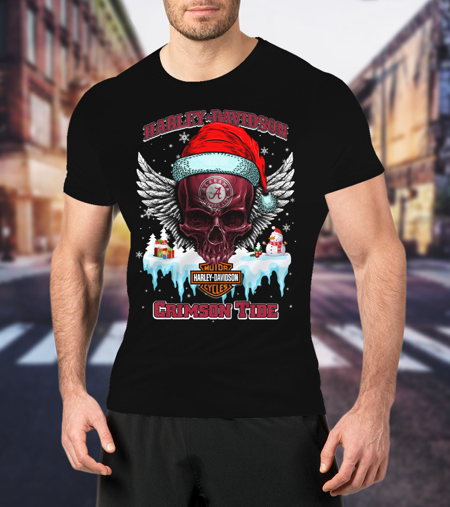 Harley Davidson Alabama Crimson Tide Christmas Skull Wings T-Shirt