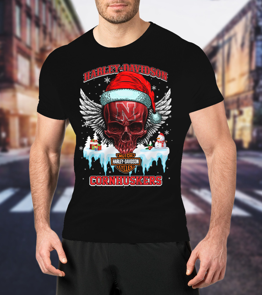 Harley Davidson Nebraska Cornhuskers Skull Santa Claus Wings Snowman T-Shirt