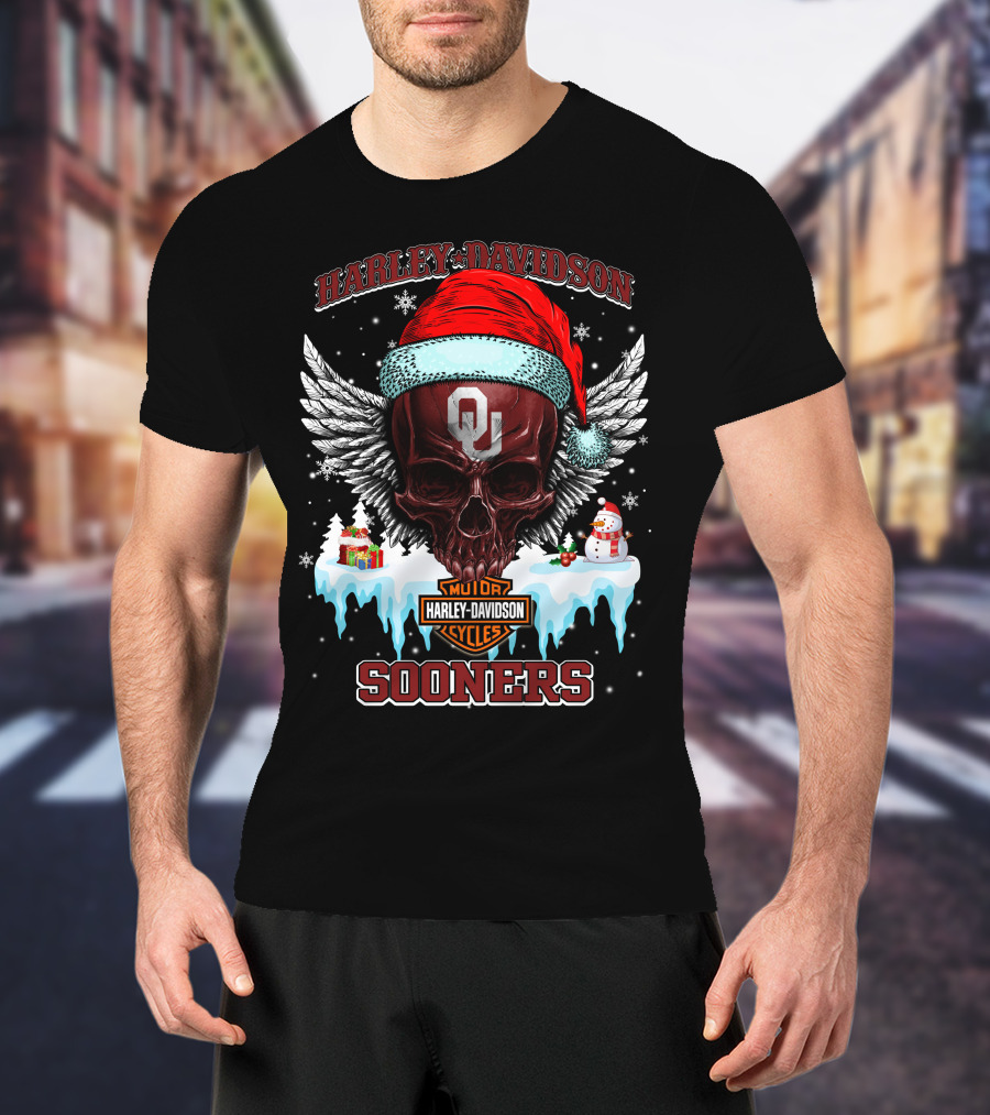 Harley Davidson Oklahoma Sooners Christmas Skull Wings T-Shirt