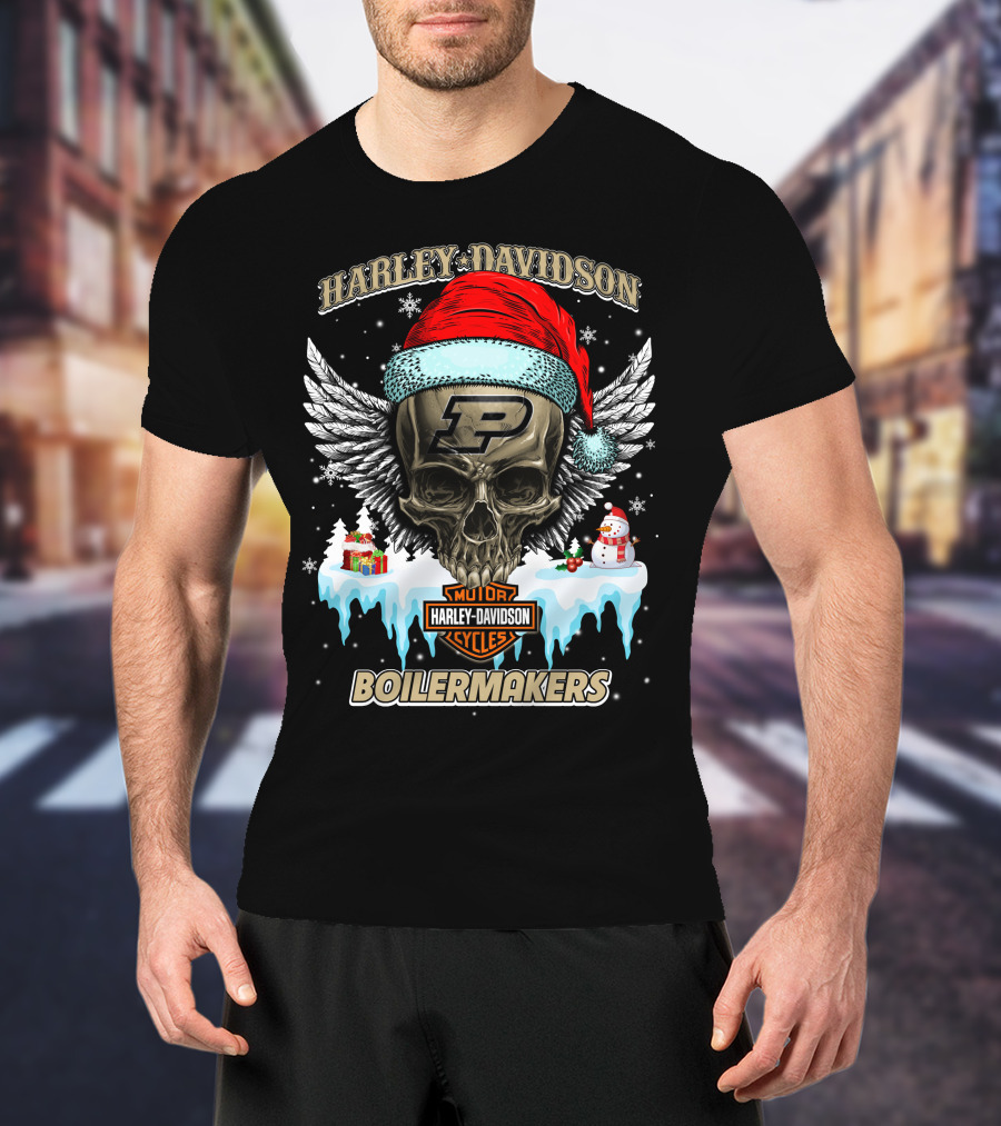 Harley Davidson Purdue Boilermakers Skull With Santa Hat And Snowflakes T-Shirt