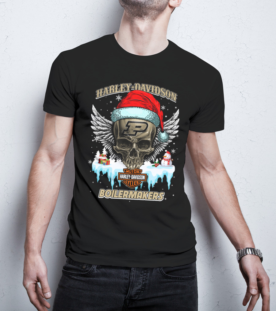 Harley Davidson Purdue Boilermakers Skull With Santa Hat And Snowflakes T-Shirt