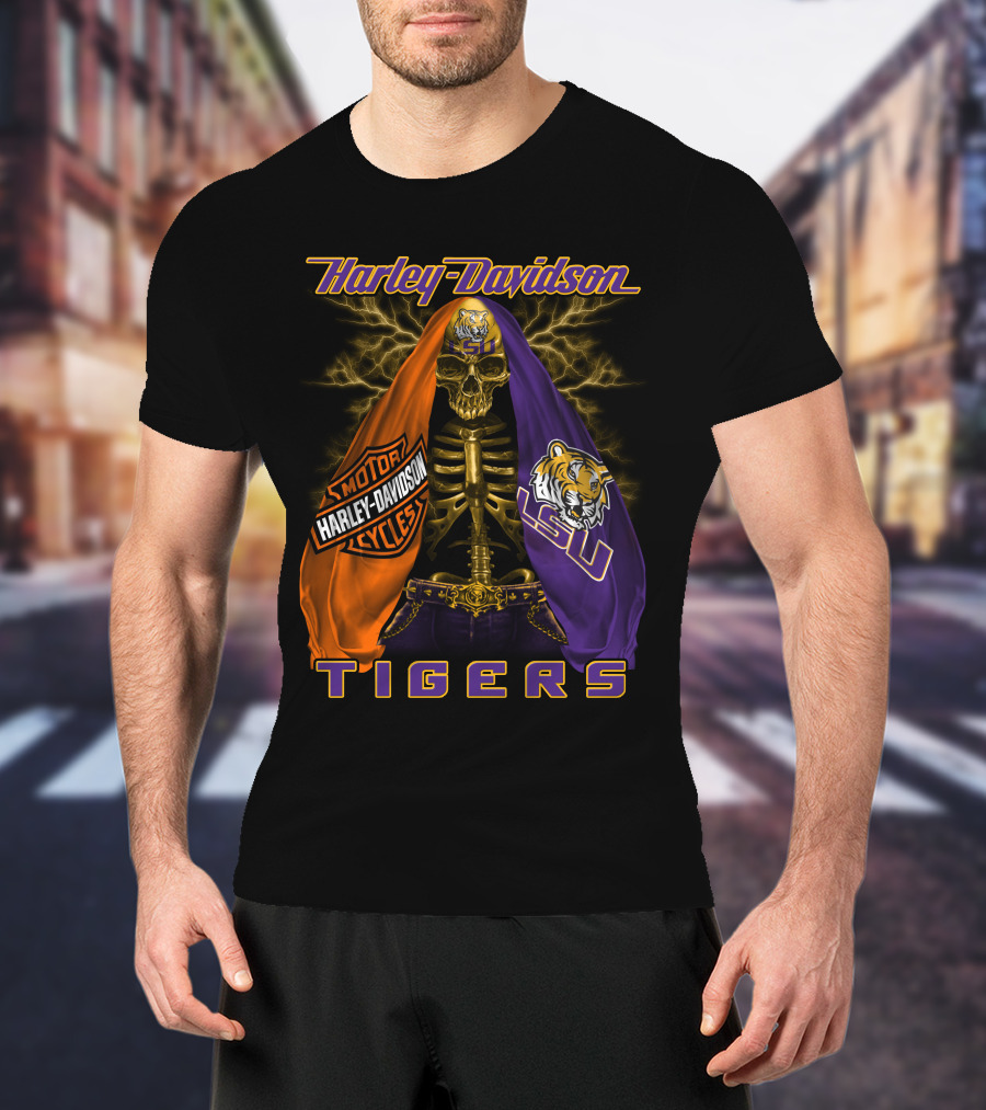 Harley Davidson Lsu Tigers Skeleton Motorcycles T-Shirt