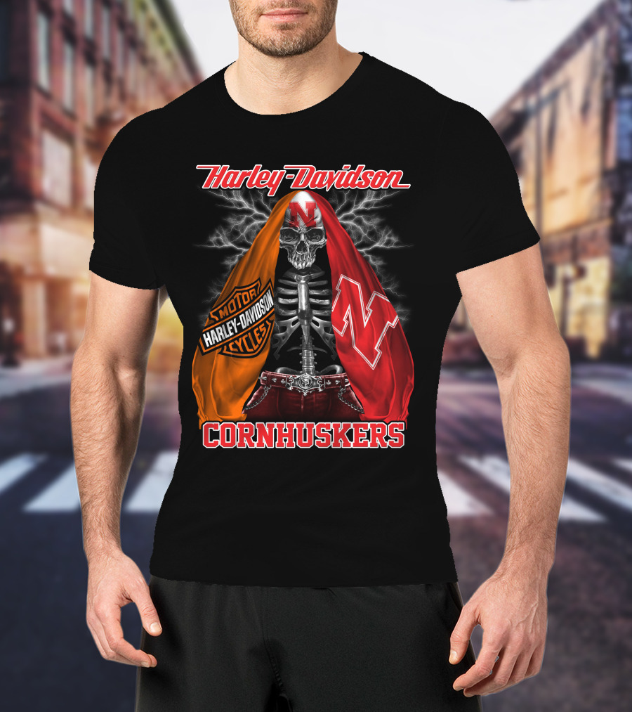 Harley Davidson Nebraska Cornhuskers Skeleton With Logo Cloak T-Shirt