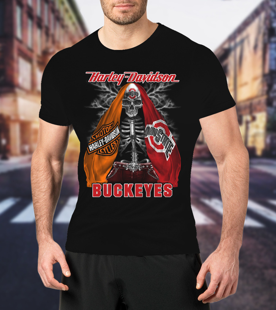 Harley Davidson Ohio State Buckeyes Skeleton Motocycles T-Shirt