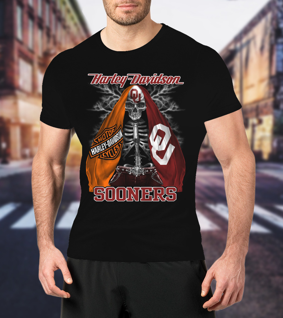 Harley Davidson Oklahoma Sooners Skeleton Thunderbolt T-Shirt