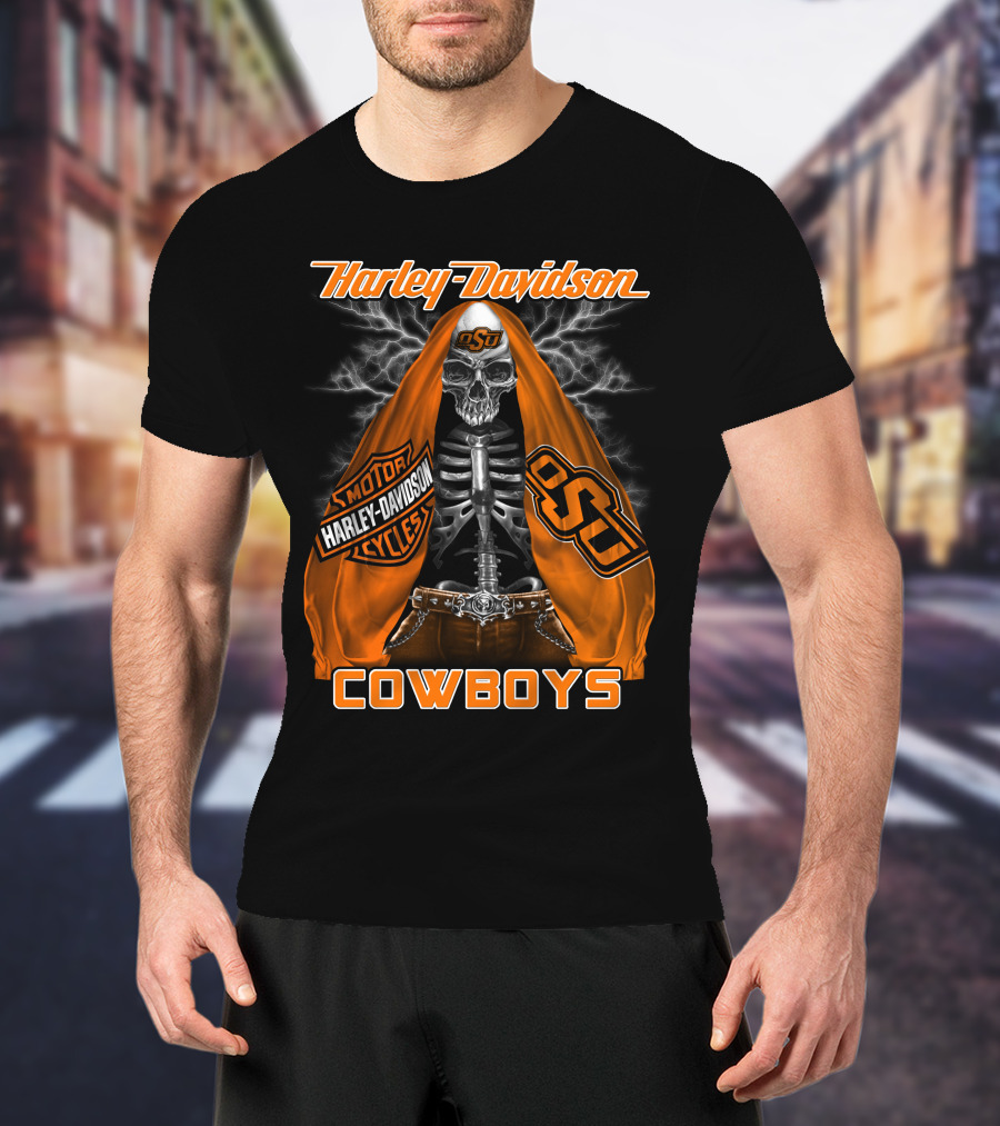 Harley Davidson Oklahoma State Cowboys Skeleton Osu Motorcycle T-Shirt