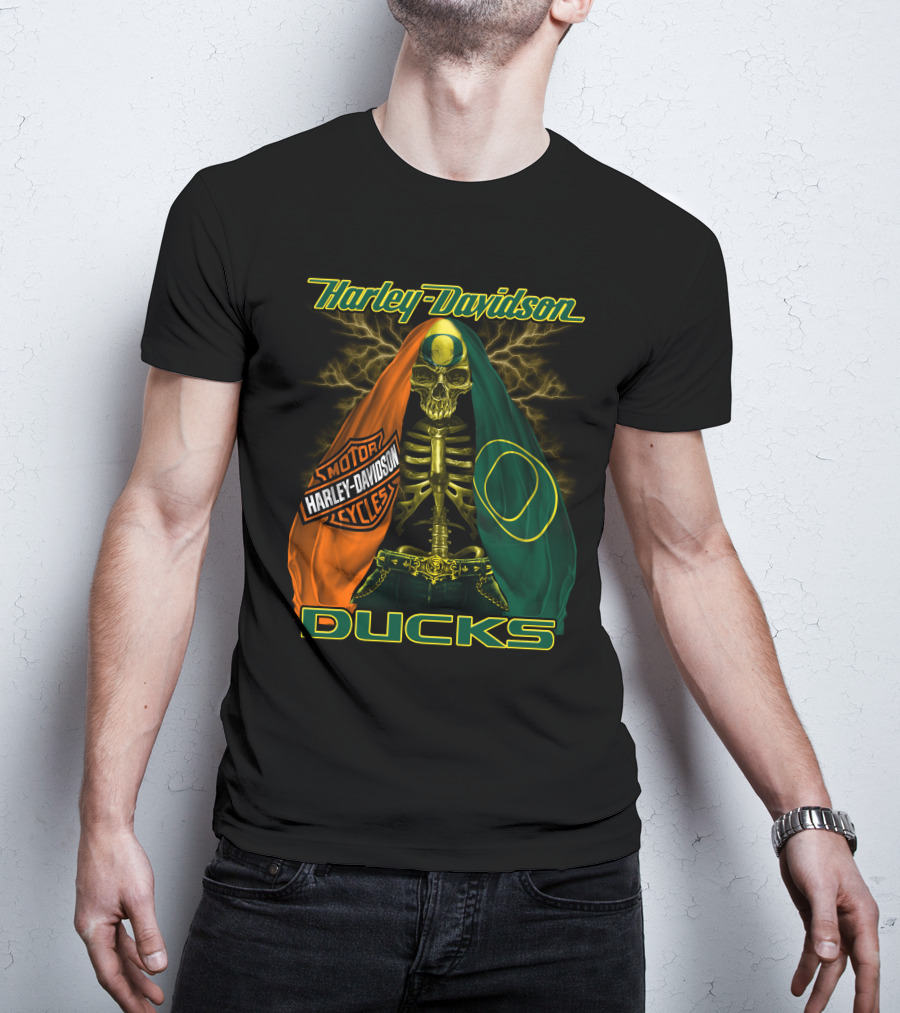 Harley Davidson Motorcycles Ducks Oregon Skeleton T-Shirt