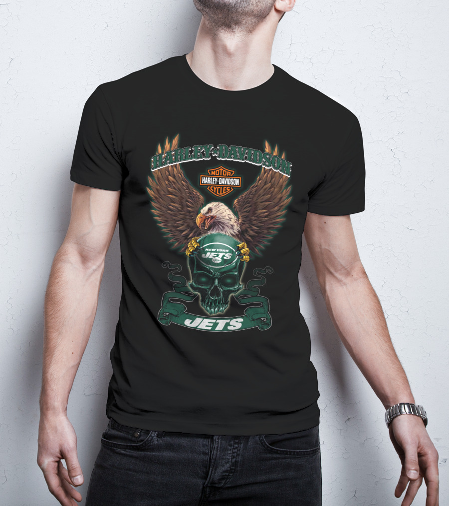 Harley Davidson Motor Cycles New York Jets Eagle Skull Jets T-Shirt