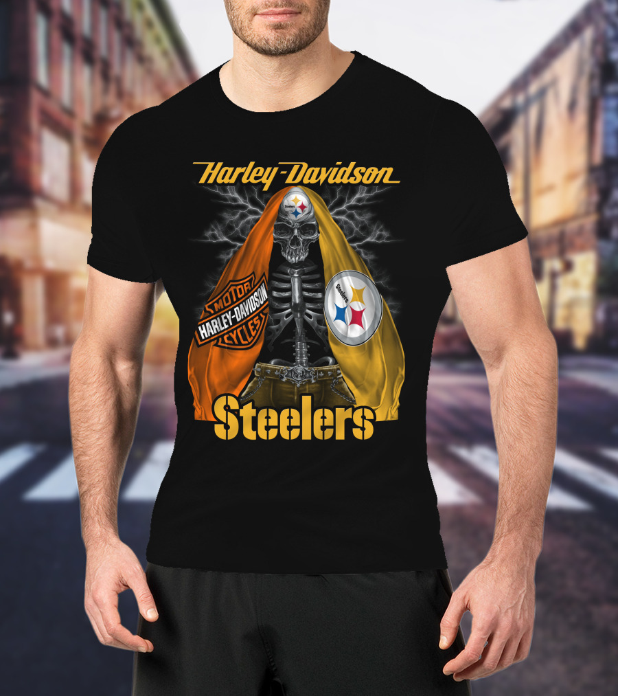 Harley Davidson Steelers Motorcycles Skull With Lightning T-Shirt