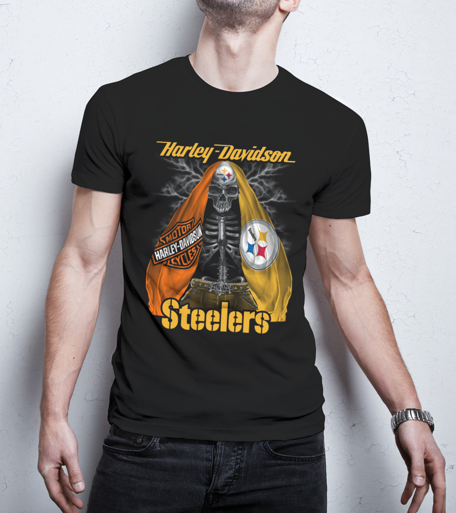 Harley Davidson Steelers Motorcycles Skull With Lightning T-Shirt