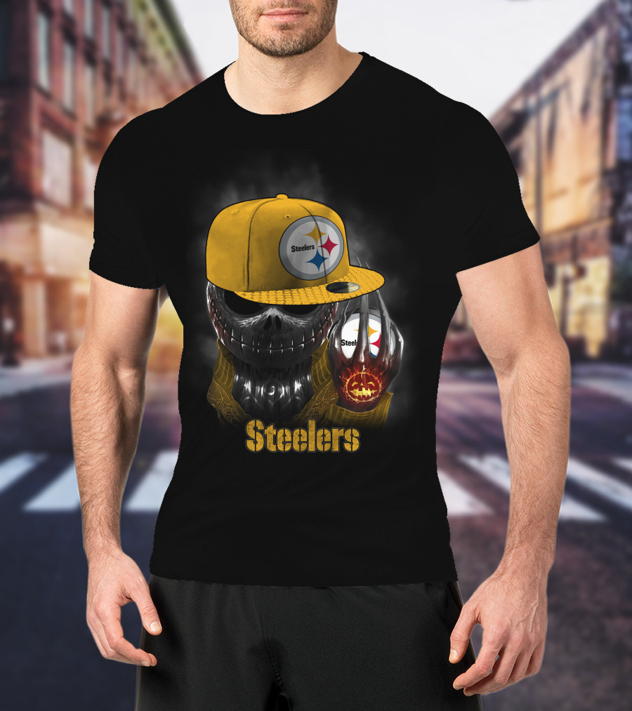 Steelers Skull With Yellow Cap And Pumpkin-Hand T-Shirt