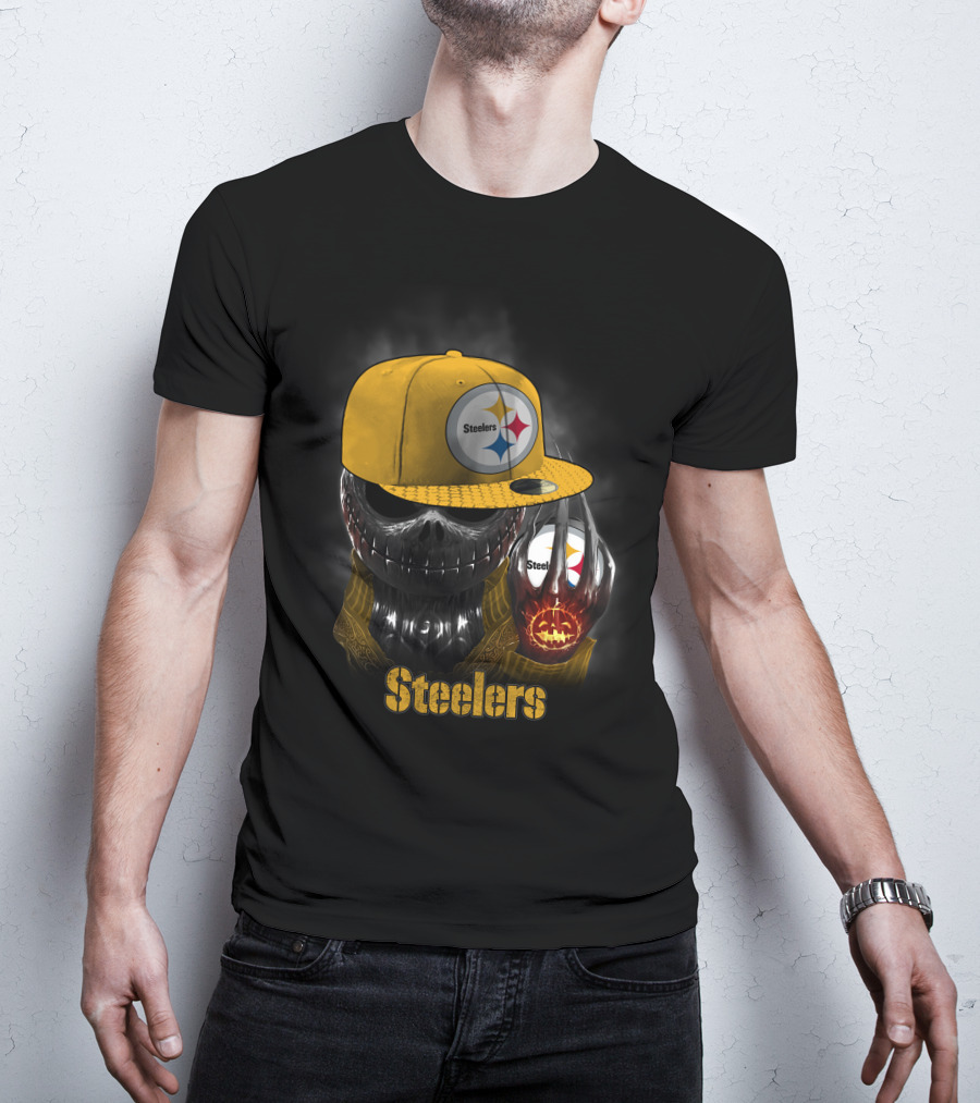 Steelers Skull With Yellow Cap And Pumpkin-Hand T-Shirt