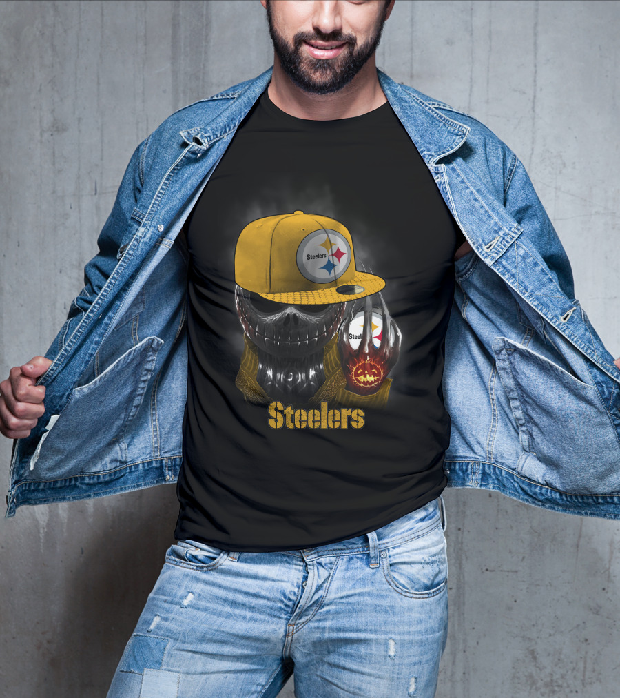 Steelers Skull With Yellow Cap And Pumpkin-Hand T-Shirt