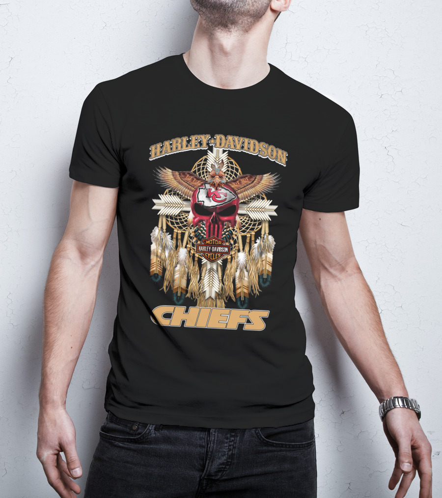 Harley Davidson Motor Cycles Kansas City Chiefs Eagles Feathers Dreamcatcher T-Shirt