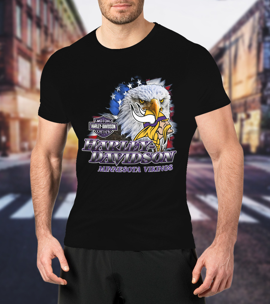 Harley Davidson Minnesota Vikings Nfl Eagles American Flag T-Shirt