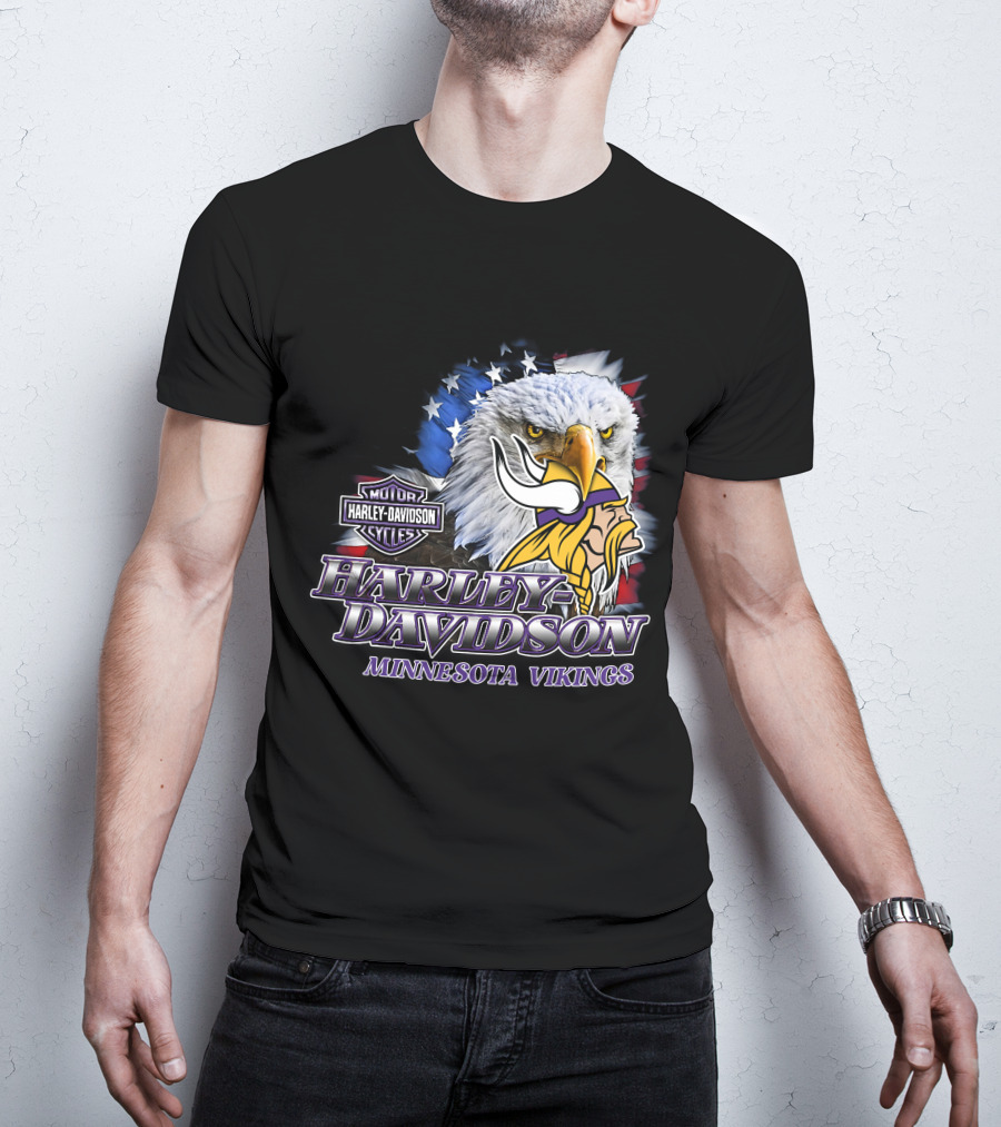 Harley Davidson Minnesota Vikings Nfl Eagles American Flag T-Shirt