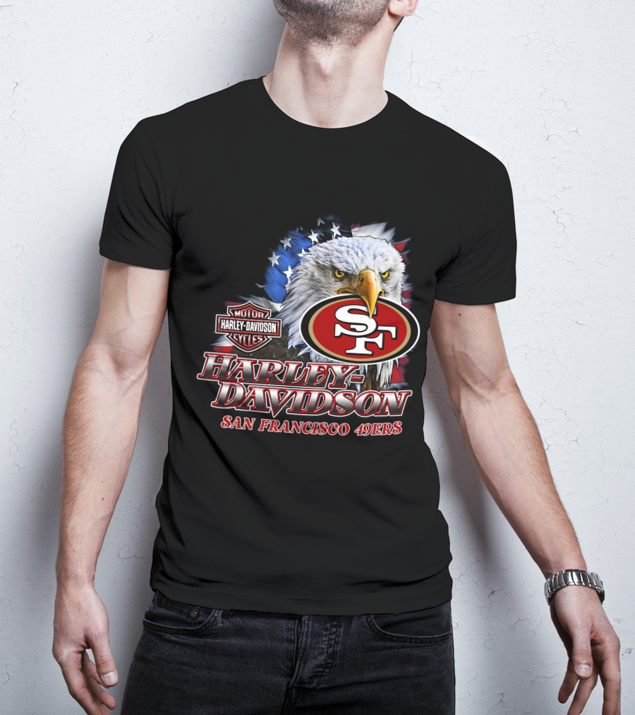 Harley Davidson San Francisco 49ers Nfl Eagles Logo With American Flag T-Shirt