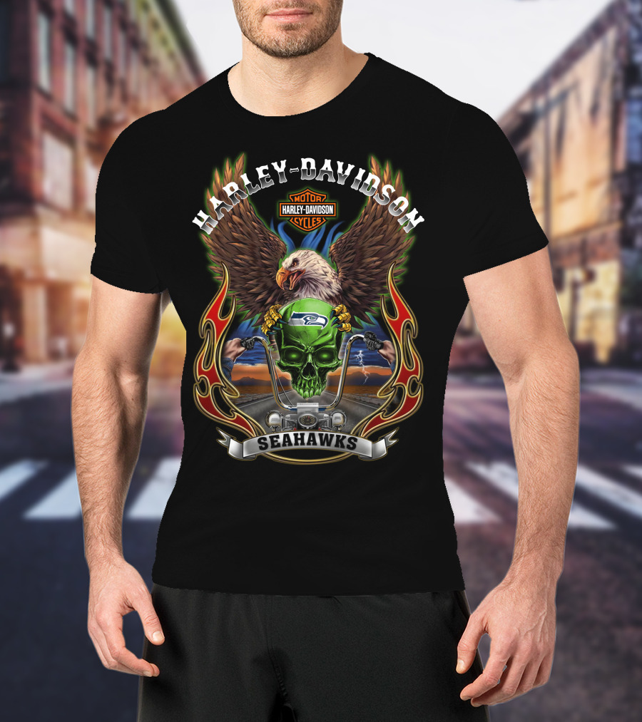 Harley Davidson Motorcycles Seahawks Eagle Riding T-Shirt