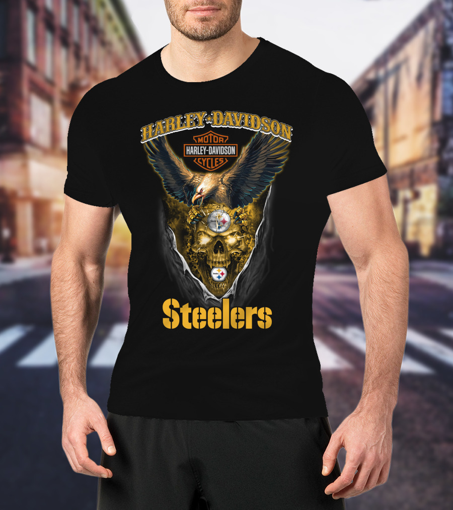Harley Davidson Motor Cycles Pittsburgh Steelers Skull Eagle T-Shirt