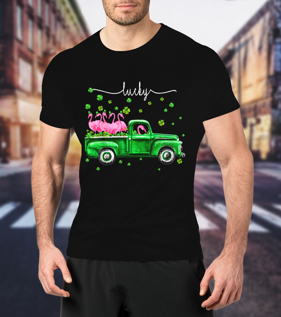 Lucky Flamingo Green Truck With Shamrocks T-Shirt