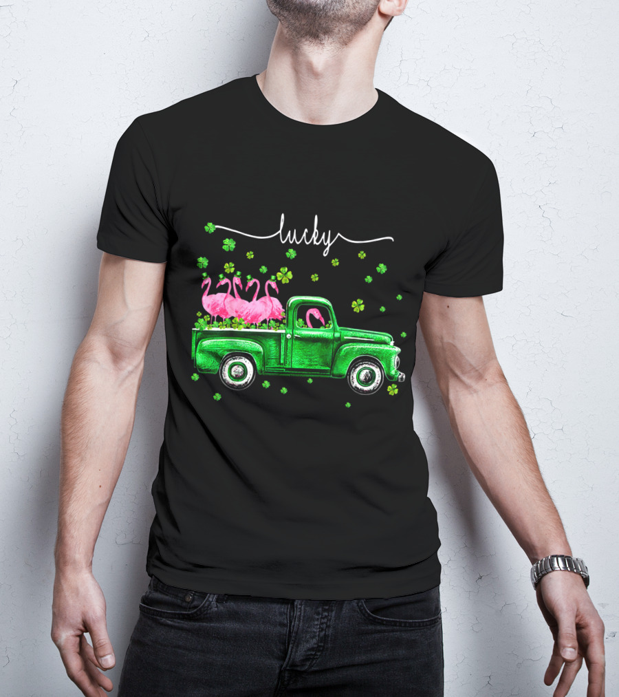 Lucky Flamingo Green Truck With Shamrocks T-Shirt